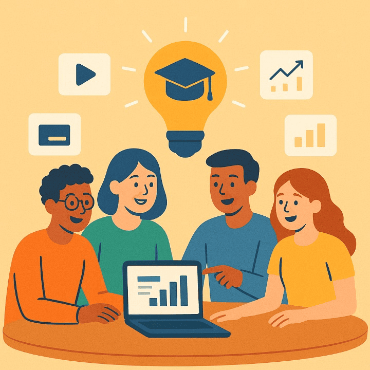 A square illustration of a successful student group project. Diverse students are collaborating effectively, with icons representing skills learned from free courses, symbolizing teamwork and academic achievement.