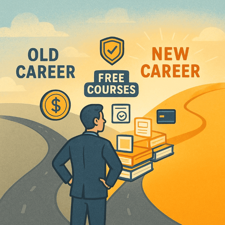 A square illustration of a professional using free courses as a bridge to a new career. The image symbolizes a successful and financially secure career change with the help of online learning, credit, and insurance.