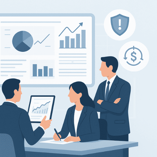An illustrative scene of business professionals analyzing financial charts, graphs, and dashboards. Visual elements represent investments, cash flow, risk management, and capital allocation. Tablets and digital dashboards emphasize technology integration. The clean, modern corporate background conveys strategic financial planning, informed decision-making, and optimized business management, aligning with the article’s focus on advanced corporate finance strategies and sustainable growth.