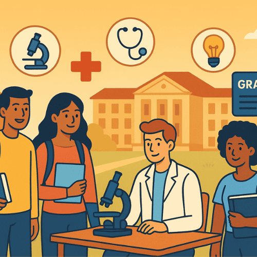 An illustrative scene of a university campus with diverse students and researchers. In the foreground, a researcher works at a microscope beside a student holding a laptop; nearby are icons for health (medical cross), entrepreneurship (lightbulb and small company logo), and financing (scholarship document). Buildings in the background suggest libraries and labs. The composition highlights academic research, medical leadership, startup culture, and financial support as complementary strengths of leading U.S. universities.