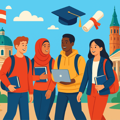 An illustration of international students walking through an Austrian university campus, with iconic buildings, books, laptops, graduation symbols, and Austrian flags, representing academic excellence and opportunities in Austria.