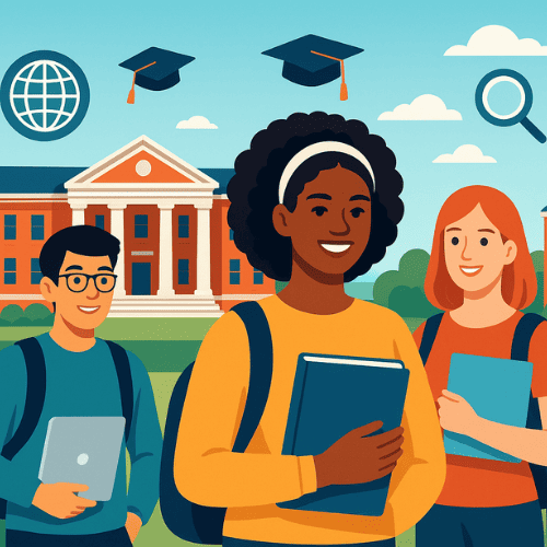 An illustration showing a diverse group of students on a U.S. university campus, with academic buildings, graduation caps, books, and global education icons highlighting learning and success.