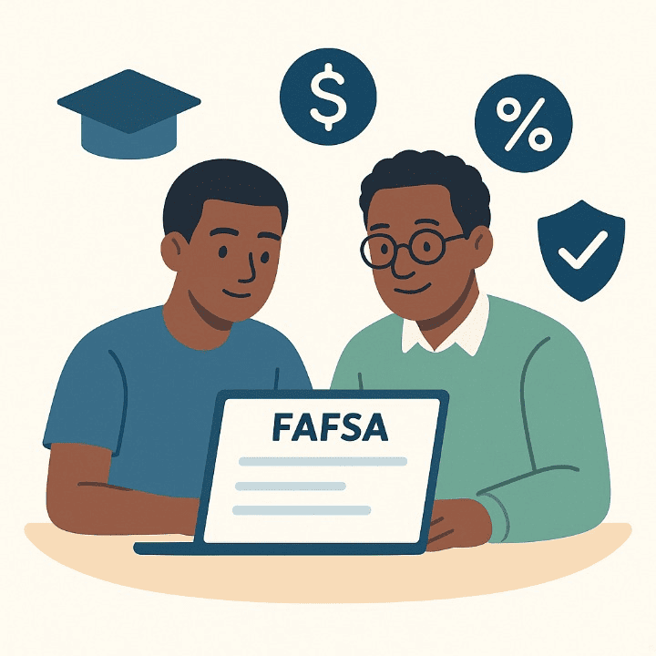 A square illustration of a student and parent filling out the FAFSA financial aid application together. Icons for grants, low interest rates, and a graduation cap float around them, symbolizing the positive outcomes of the process.