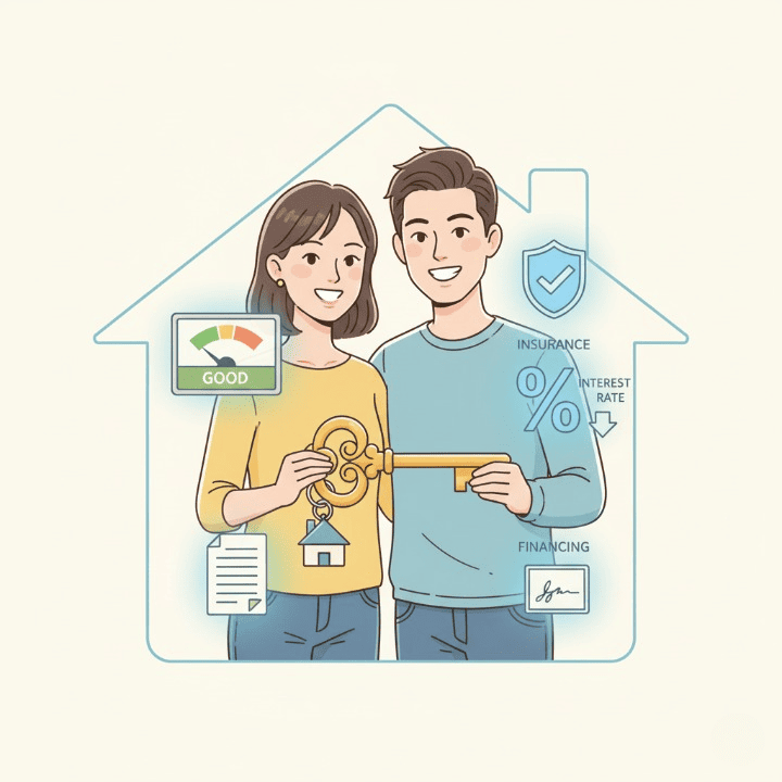 A square illustration of a first-time homebuyer holding a key to their new home. The image shows the key financial elements of the process: credit, financing, and insurance, symbolizing a successful and well-planned purchase.