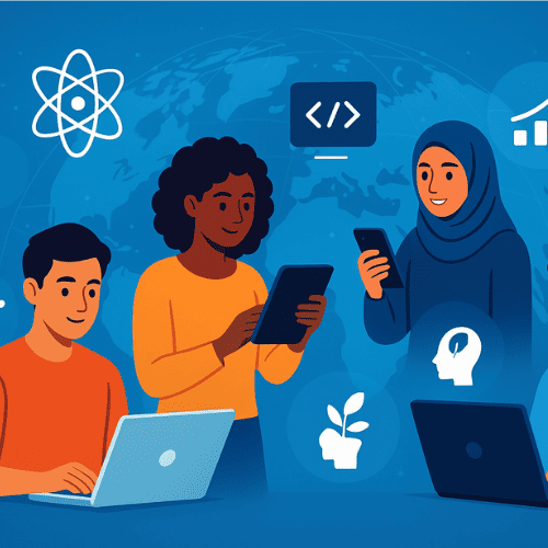 Illustration of diverse people worldwide learning through free online courses, using laptops, tablets, and smartphones, surrounded by icons representing coding, business, science, and personal development, with a digital globe in the background symbolizing global access to education.