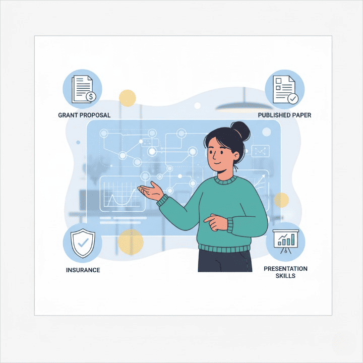 A square illustration of a graduate student excelling in their research. The student is surrounded by icons representing skills in financing, credit, and insurance, all learned from free online courses, symbolizing academic and professional success.