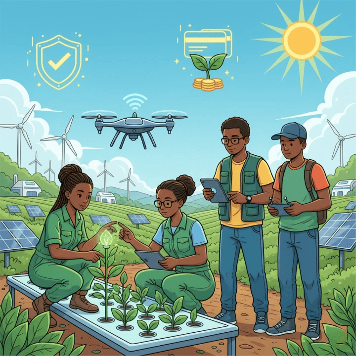 A square illustration of Nigerian agriculture students at a modern farm. They are using technology, and icons for financing, credit, and insurance are visible, symbolizing the future of agribusiness in Nigeria.