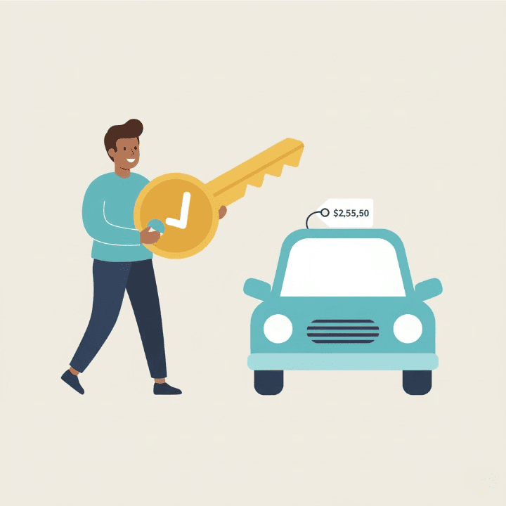 An illustration of a person holding a key with a checkmark, walking toward a car. The image symbolizes being financially prepared and having the "key" to a smart car financing decision.