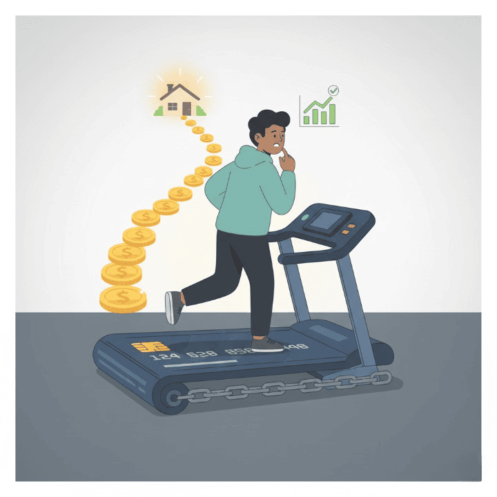 A square illustration symbolizing the trap of lifestyle inflation. A person is running in place on a treadmill made of a credit card, looking towards a path of financial freedom, representing the choice between spending and saving.