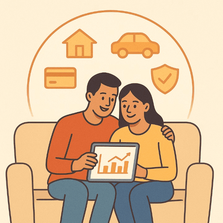 A square illustration of a couple happily planning their finances together. They are looking at a tablet with charts, and their shared goals like a house, car, and insurance are shown in a protective bubble above them, symbolizing a strong financial partnership.