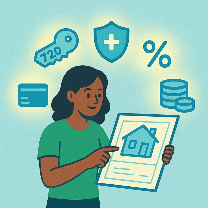 A square illustration of a student learning about real estate. The student is looking at a blueprint with icons for credit, insurance, financing, and interest rates, symbolizing a comprehensive education from free courses.