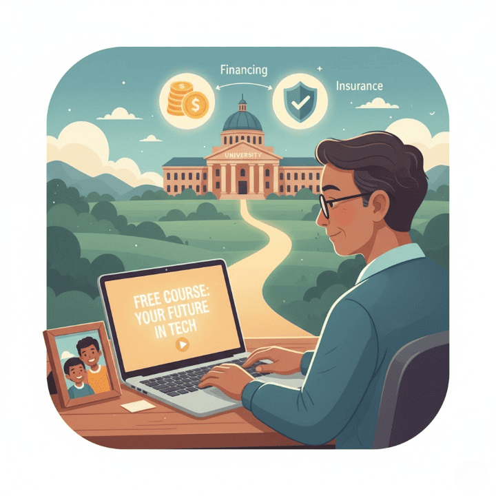 A square illustration of an adult learner using free courses to plan their return to university. The image symbolizes balancing family life with educational goals, with a focus on financing and insurance.