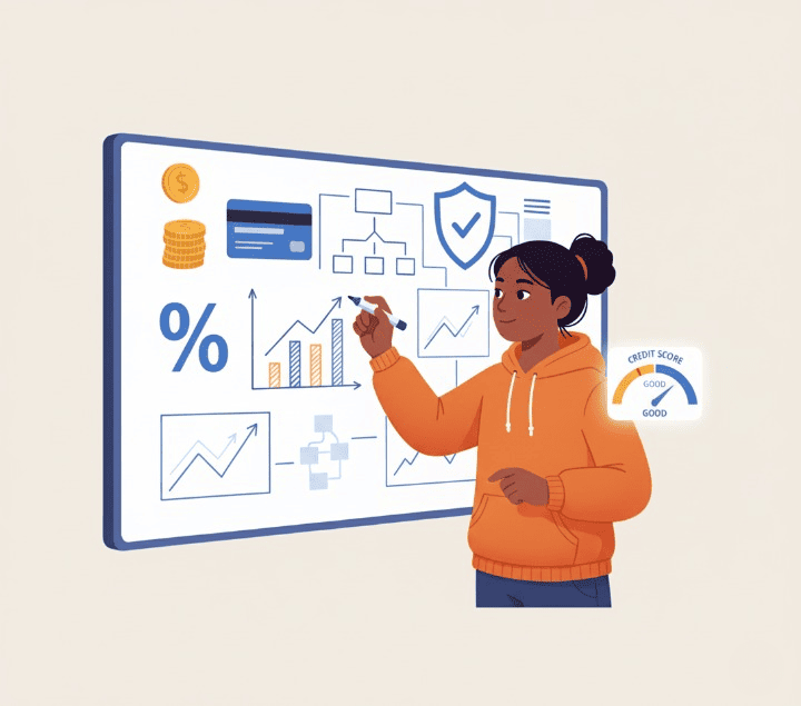 A square illustration of a student entrepreneur planning a startup. The student is at a whiteboard with icons for financing, credit, and insurance, symbolizing the knowledge gained from free courses.