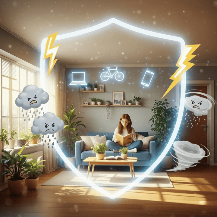 A square illustration of a student's apartment being protected by a glowing shield of renters insurance. The image symbolizes the safety and security the insurance provides for a student's belongings and peace of mind.
