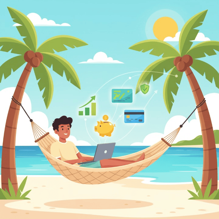 A square illustration of a student productively using their summer break. The student is learning on a laptop from a beach, with icons for financing, credit, and insurance, symbolizing a smart and balanced approach to the summer.