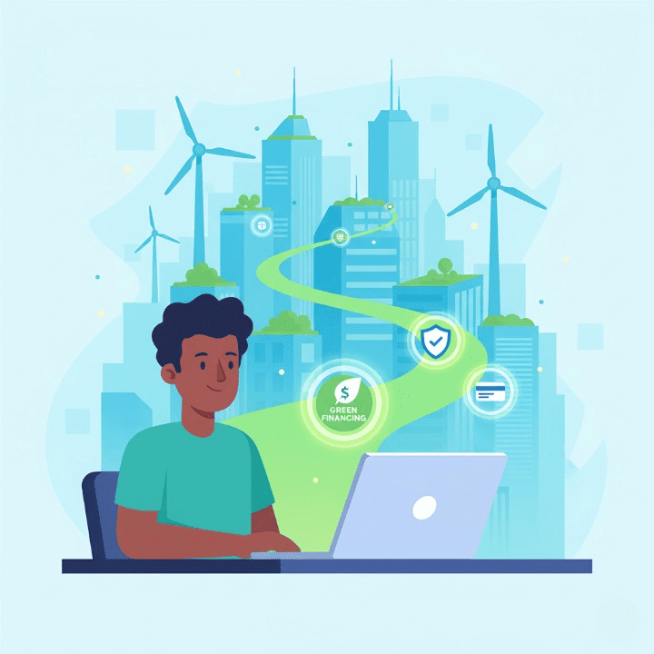 A square illustration of a student learning about the Green Economy through free courses. A green path with icons for financing, credit, and insurance leads from their laptop to a sustainable city, symbolizing a future career.