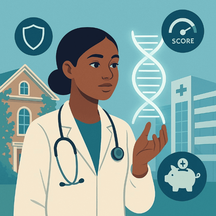 A square illustration of a pre-med student at a top US university. The image combines a lab coat, DNA helix, and icons for financing, credit, and insurance, symbolizing the path to a career in health.