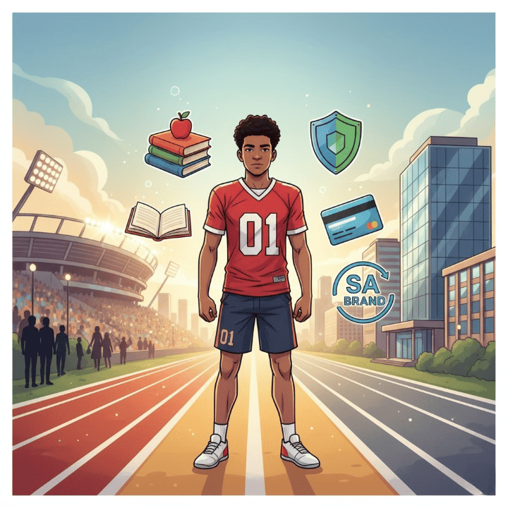 A square illustration of a student-athlete balancing sports and a future career. The student sees paths to both a stadium and an office, with icons for financing, credit, and insurance, symbolizing a well-rounded plan for success.