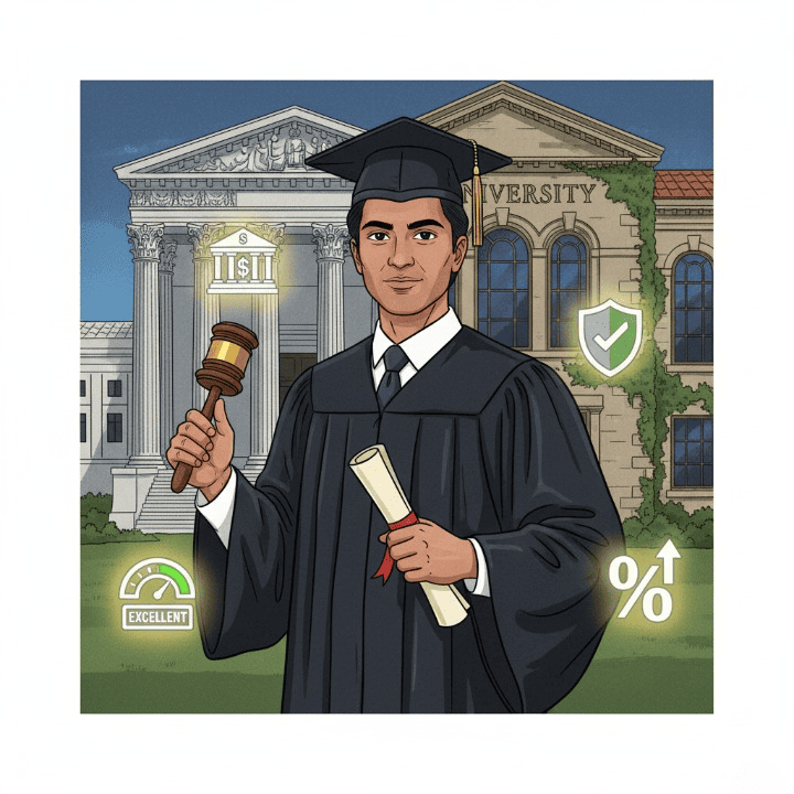 A square illustration of a law school graduate. The image combines a university and a court building with icons for financing, credit, and insurance, symbolizing the financial journey of a legal education.