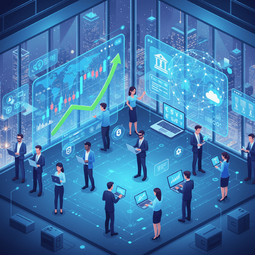 A professional illustration of people interacting with digital finance tools, charts, and mobile banking apps, symbolizing modern financial management.