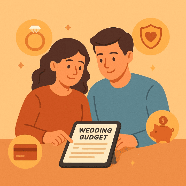 A square illustration of a happy couple planning their wedding finances together. They are using a tablet and are surrounded by icons for their budget, credit card, and wedding insurance, symbolizing a smart and collaborative approach.