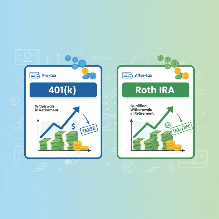 Comparison graphic between 401(k) and Roth IRA retirement accounts, showing their differences in tax treatment and potential for wealth growth over time.