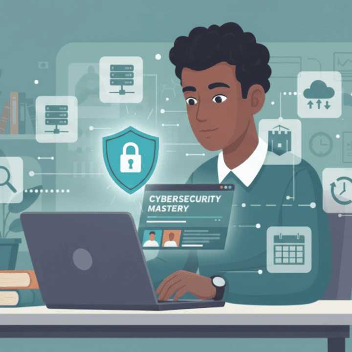 A person studying cybersecurity from free online courses to pass the CISSP certification exam, surrounded by digital security symbols and knowledge icons.