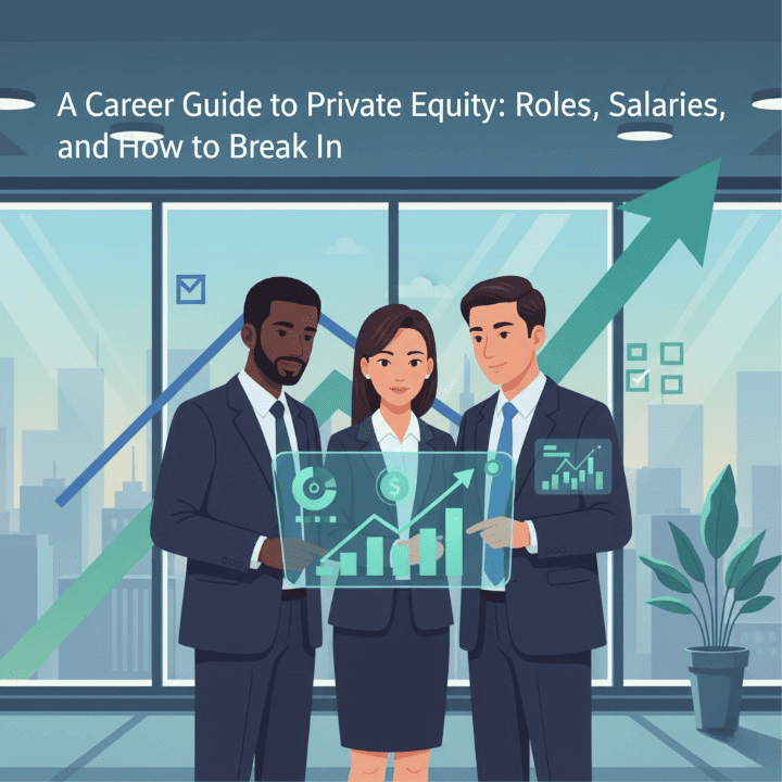 A visual representation of a private equity career path, showing growth charts, financial data, and professionals in a collaborative, strategic setting, symbolizing investment and success.