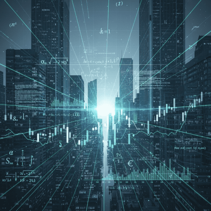 Abstract visualization of quantitative analysis, showing financial charts, mathematical equations, and programming code superimposed over a modern financial district skyline, representing data-driven finance and algorithmic trading.
