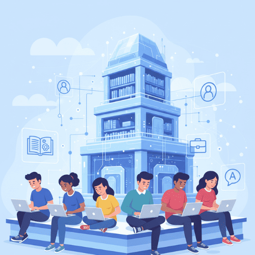 An illustration of diverse learners studying online with laptops and tablets, surrounded by icons of technology, business, health, and languages, representing global access to free courses.