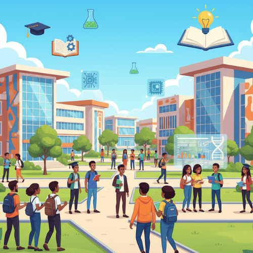 Aerial view of a Nigerian university campus with students walking on pathways, modern lecture halls, and greenery, symbolizing quality higher education and academic excellence.