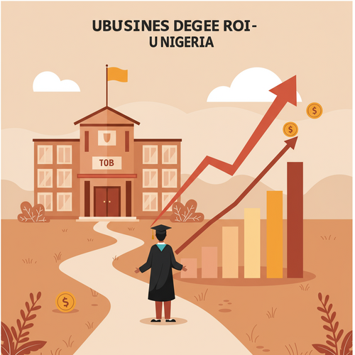 A flat design illustration showing a path from a university building to a rising financial graph, with a graduate figure, representing the Business Degree ROI Nigeria and career progression.