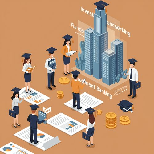 Flat design illustration of diverse students in graduation caps and business attire walking on a financial pathway towards a skyscraper, symbolizing the Best Finance Degree Investment Banking career path.