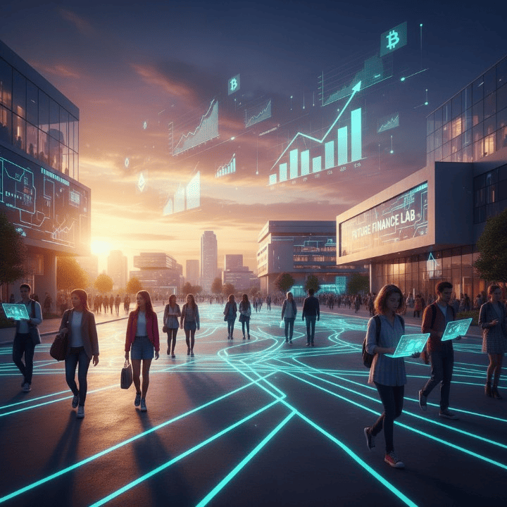 Modern university campus at sunset with students, symbolizing high-earning Computer Science graduates and career success.