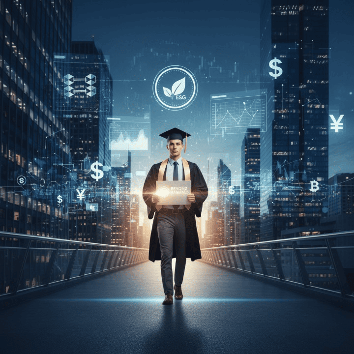Graduate with specialized diploma entering modern financial sector, representing niche university programs leading to high-demand finance careers.