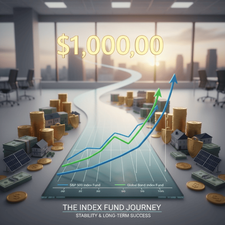 A visual metaphor for building a $1 million portfolio with index funds, showing a roadmap of financial growth, diverse investments, and a clear path to wealth.