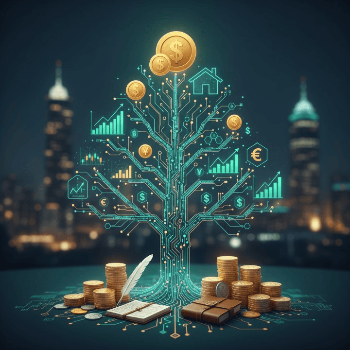 Visual representation of generational wealth building, showing financial assets growing over time with elements of traditional and modern investing, including abstract cryptocurrency patterns and a family legacy metaphor.