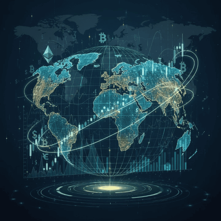 Abstract representation of global markets, showing world map lines, stock charts, and crypto symbols, illustrating how geopolitical events affect a high-value portfolio.