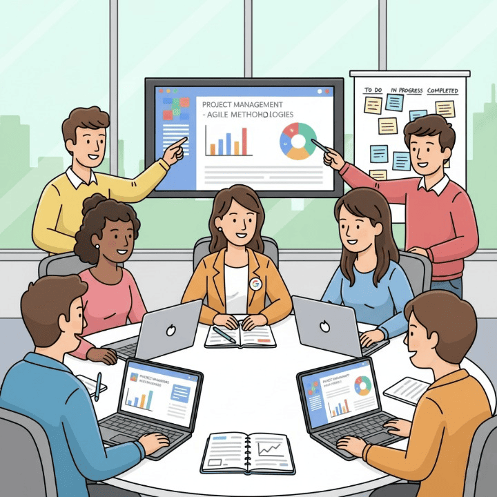 Diverse group of people studying project management with laptops and notes, symbolizing free online courses for the Google Project Management Certificate.