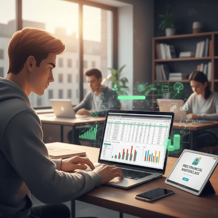 A person learning financial modeling on a laptop, surrounded by charts and financial data, representing free online financial modeling courses for career growth.