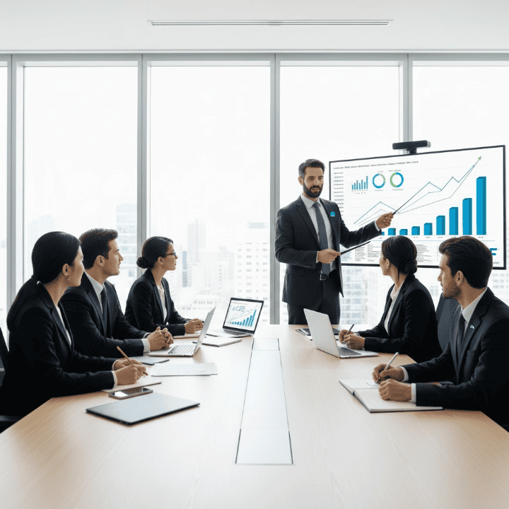 A group of financial professionals in a modern office collaborating on financial charts, with a CFP logo visible, symbolizing expertise and client success in financial planning.