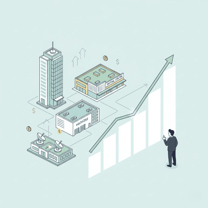 Illustration of an investor looking at various commercial real estate properties like offices and warehouses, with financial growth symbols, representing investing in REITs for passive income and portfolio diversification.