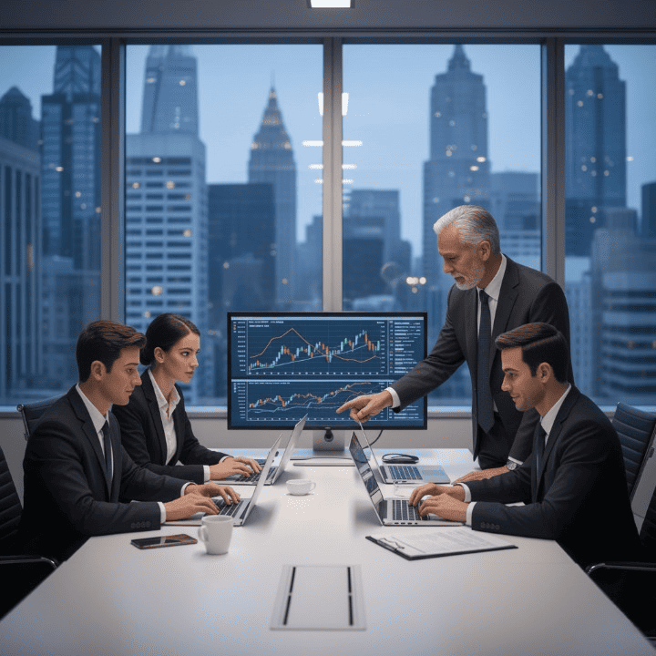 Investment Banking Analysts reviewing financial data in a modern office.