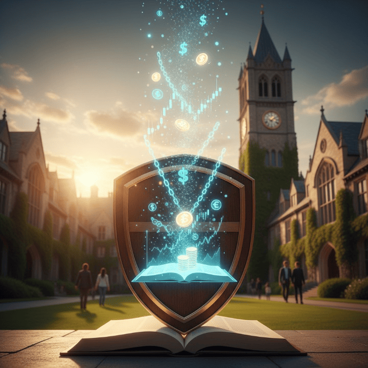 An elegant illustration showcasing financial symbols and charts emerging from an open book, symbolizing knowledge, set against a classic Ivy League university building, representing education in financial success.