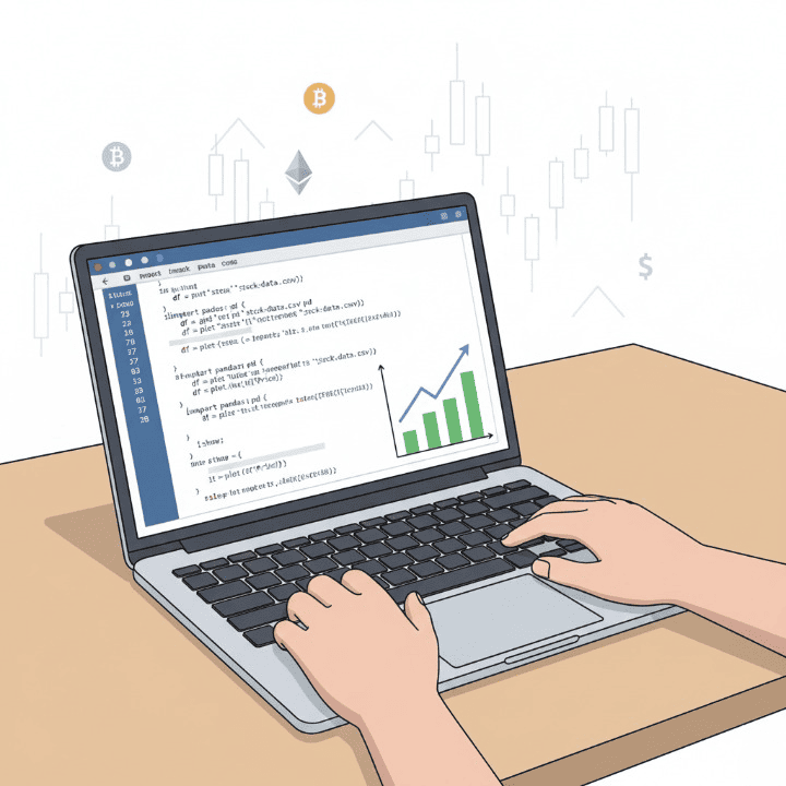 Person learning Python for financial analysis on a laptop, with code and financial graphs on screen.
