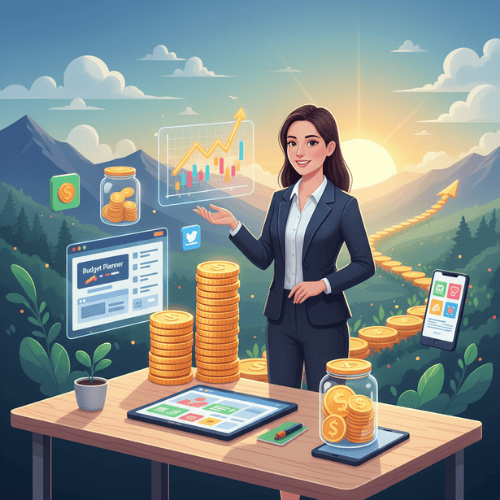 Illustration of a person confidently managing money with charts, savings jars, and investment icons representing financial freedom and smart budgeting.