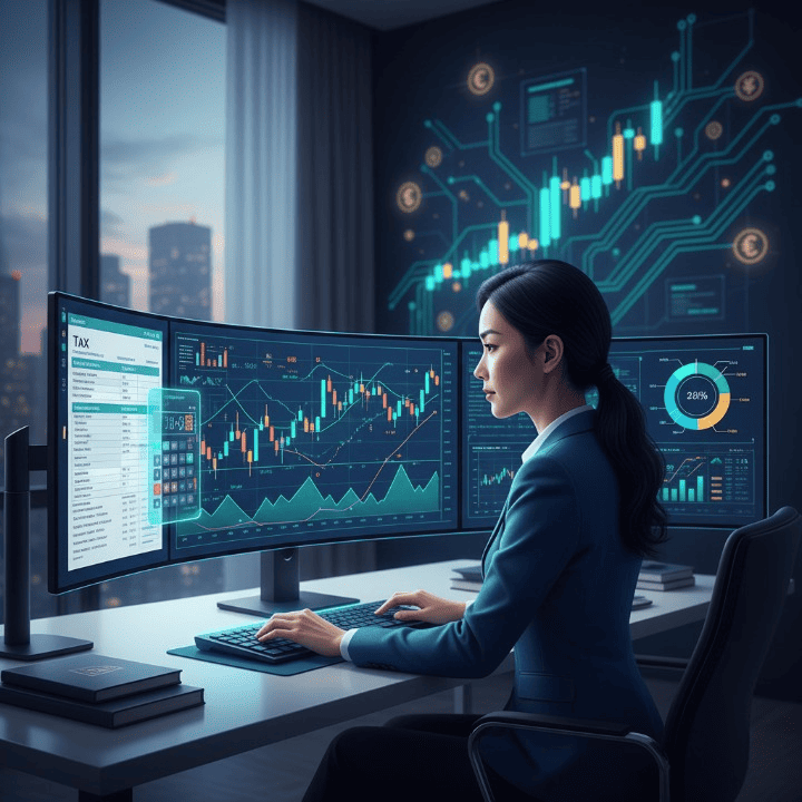 A high-income earner reviewing tax-efficient investment strategies on multiple screens, depicting financial growth and strategic wealth management.