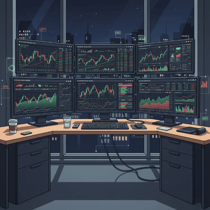 A focused trader at multiple computer screens showing financial charts and market data, symbolizing professional trading within a proprietary firm and the pursuit of a funded trader account.