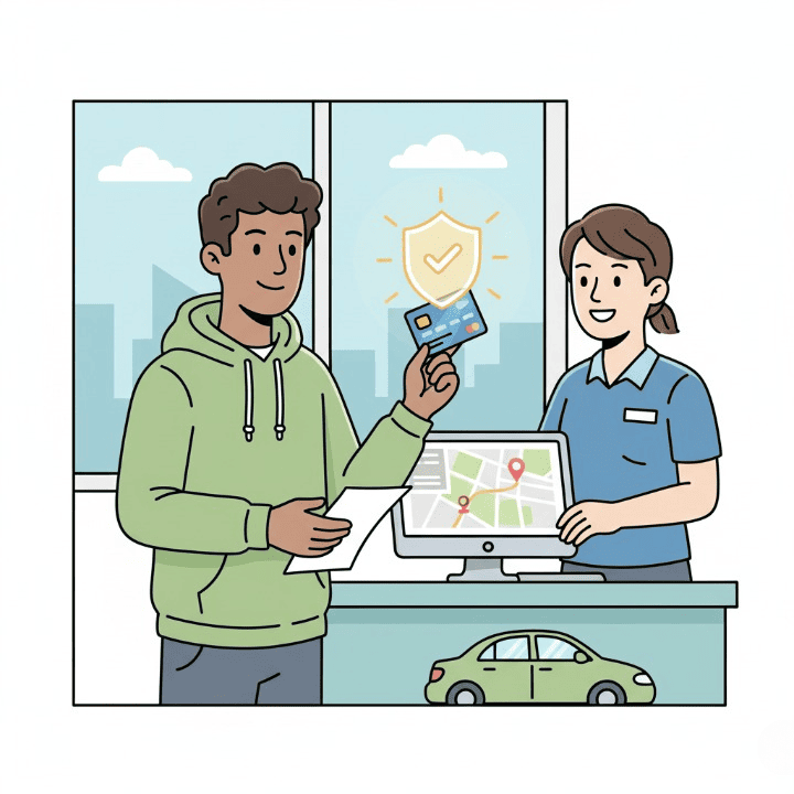 A square illustration of a student using their credit card's insurance benefit at a rental car counter. The student is confidently declining the rental company's expensive insurance, symbolizing a smart and informed financial choice.