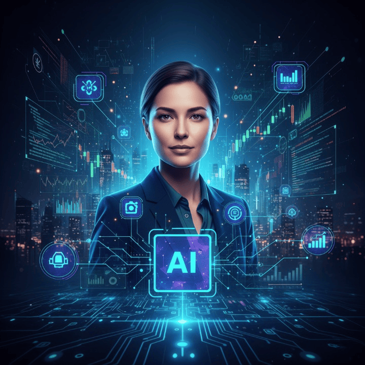 A futuristic image of an aspiring AI engineer surrounded by data, code, and neural network visuals, with subtle financial market graphs, symbolizing a career in AI engineering and its application in FinTech.